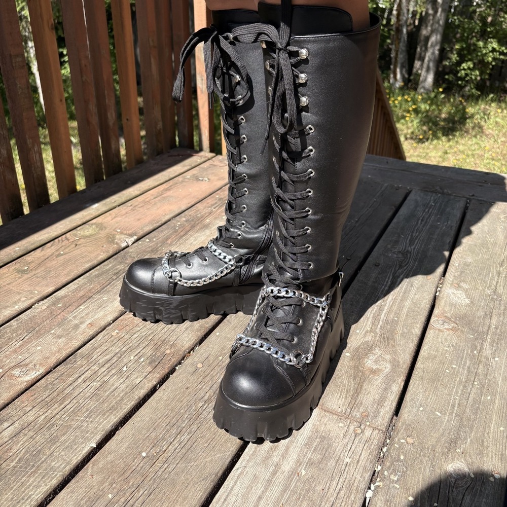 Cape Robbin Emo Stomp Platform Boots Black Chain Y2K Chunky Lace Up Zip Knee 10 - Picture 2 of 13